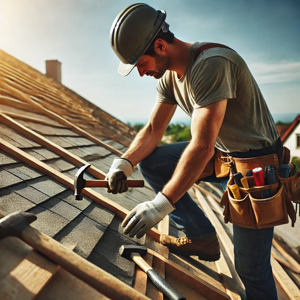 DALL·E 2024-09-13 15.47.39 - A man working on a roof, seen from a side angle, with construction tools around him. He is wearing a hard hat, a tool belt, and is focused on hammerin