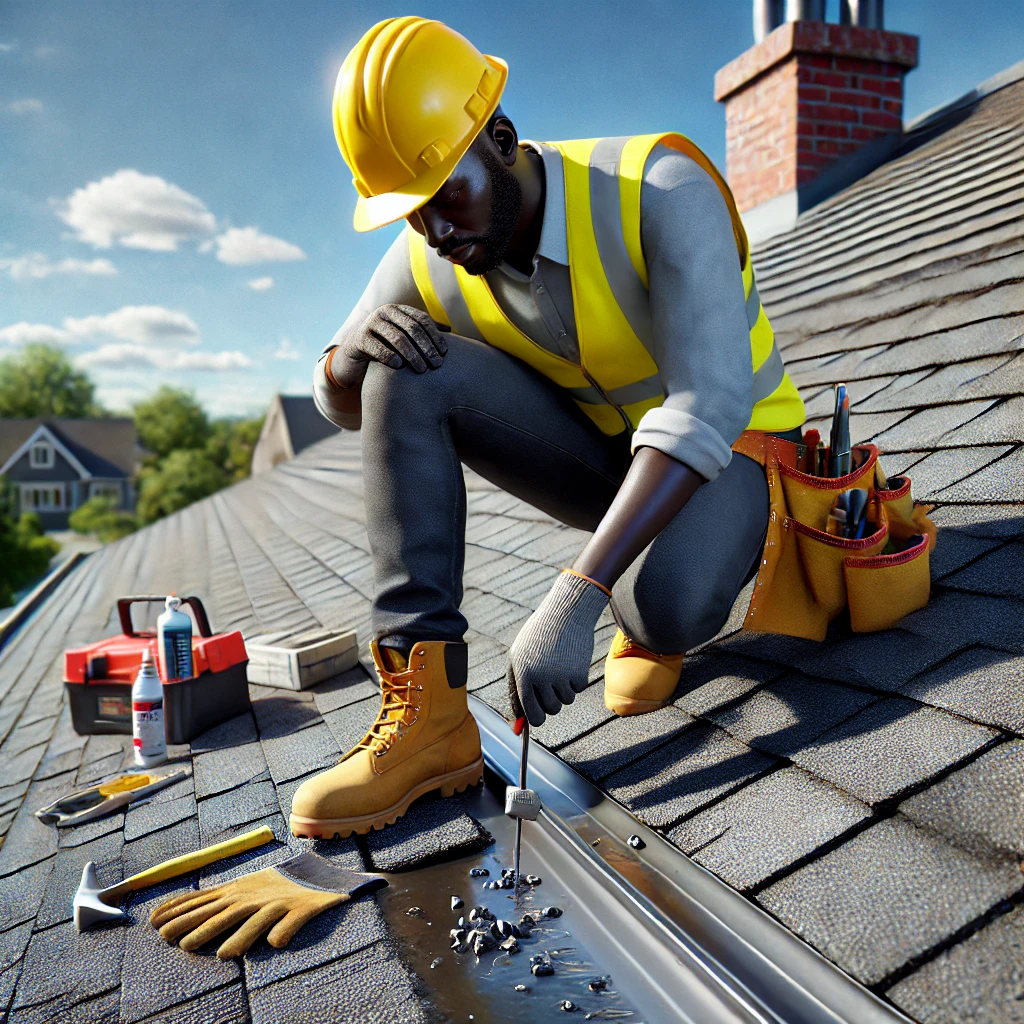 DALL·E 2024-09-13 16.01.53 - A realistic image of a Black construction worker fixing a leak in a roof. He is wearing a yellow hard hat, high-visibility vest, work gloves, and stur